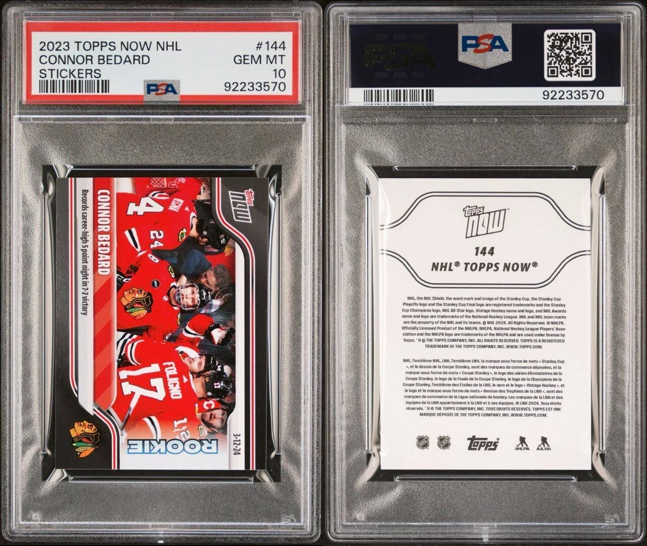 Connor Bedard RC, Stickers #144 - 2023 Topps Now NHL - PSA 10 GEM MT