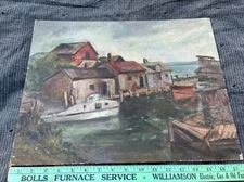 Antique Primitive Native Oil Painting On Board Dock Boat Sea Art VTG