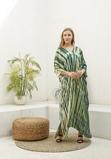 Green with beige Hand tie dye Adjustable kaftan Resort Evening beach cover up