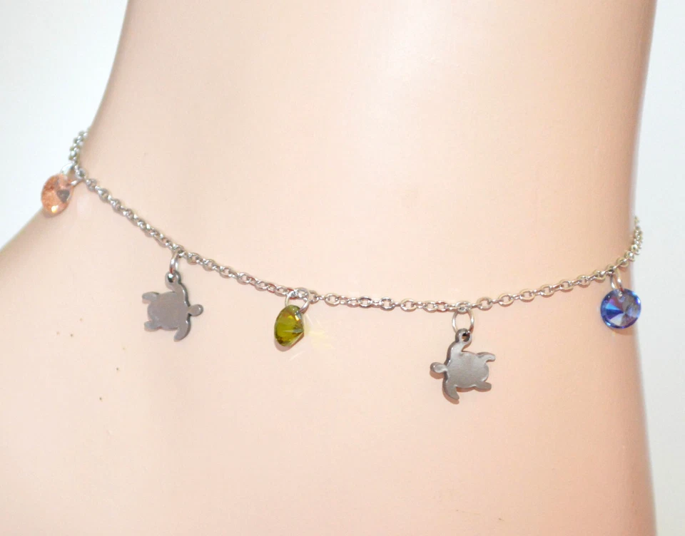 Cavigliera donna argento acciaio ciondoli cristalli verde blu gialli rosa S73 - Immagine 2 di 4