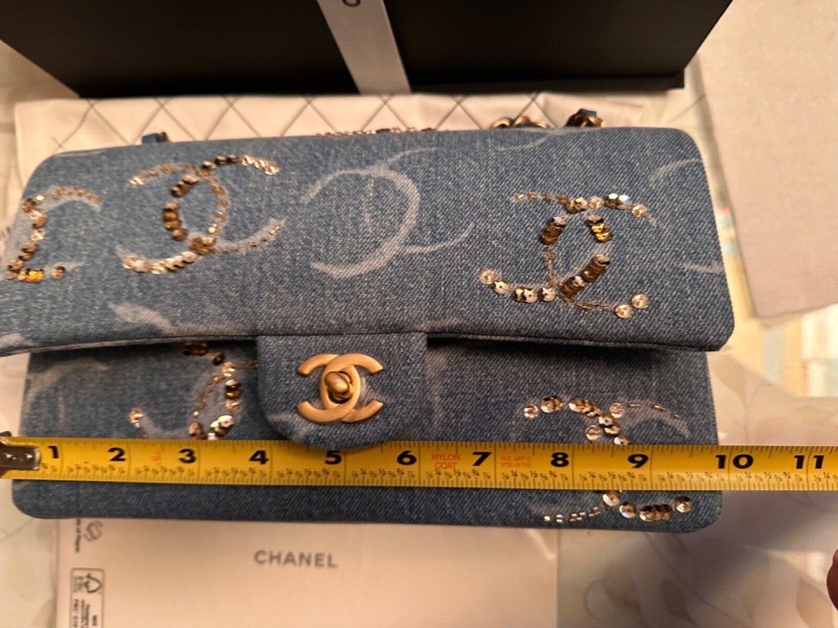 New 23B CHANEL Medium Classic Double Flap Blue Denim Sequins
