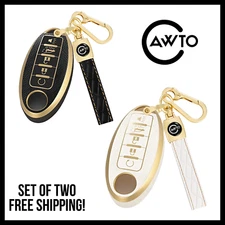 2 Key Fob Covers for Nissan with Black and White Leather Key Chain (5 Buttons)
