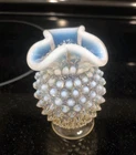 Opalescent Clear Glass Hobnail Small Vase, Ruffled, Vintage Fenton 3.5”