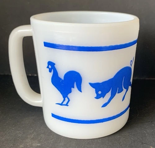 Hazel Atlas Milk Glass Child’s Mug Farm Animals Blue Vintage D Handle