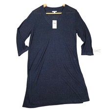 J Jill Navy Linen Minimalist Midi V Neck 3/4 Sleeve Slit Dress NWT Petite Small
