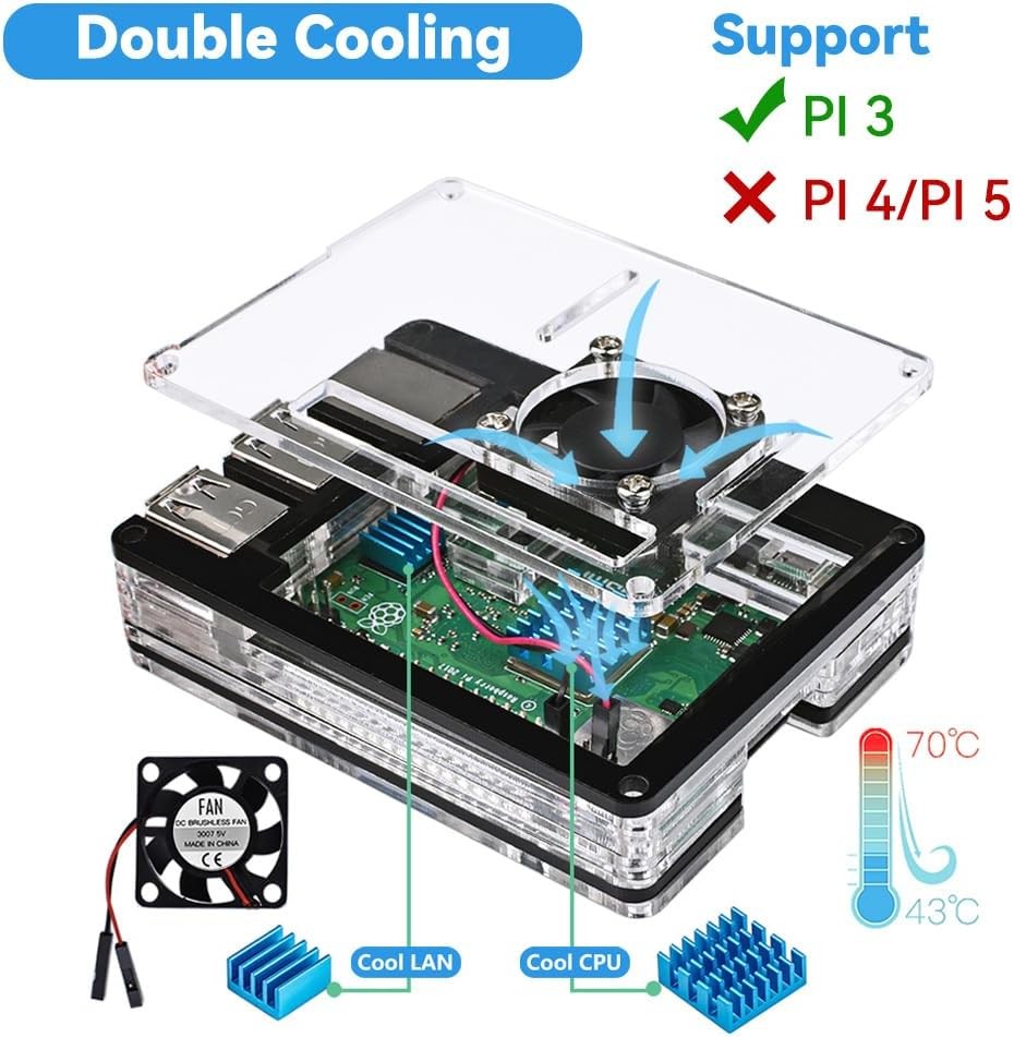 Raspberry Pi 3 B+ Case with Fan Cooling Pi 3B Case with 3 Pcs Heat ...