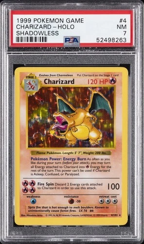 1999 POKEMON BASE SET SHADOWLESS #4 CHARIZARD-HOLO PSA 7