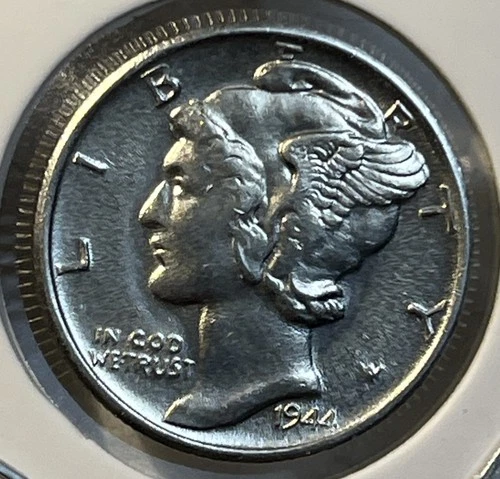 1944 - S Silver Mercury Dime 10 Cents Almost Uncirculated AU Condition Coin