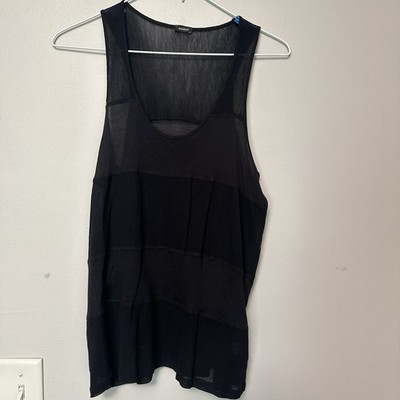 Monrow Black Solid Sheer Mesh Scoop Neck Sleeveless Tank Top Womens XS Silk