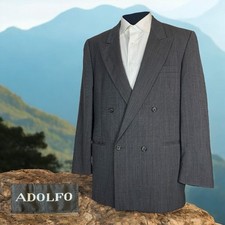 Adolfo USA Made Sport Coat Mens 42L Dark Gray Striped Wool Double Breasted Peak