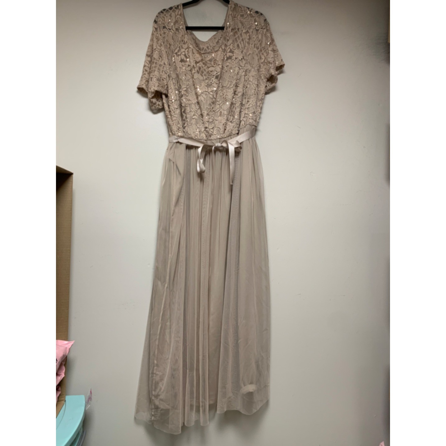 Candalite Womens Maxi Dress Size 22 Champagne Excellent Lace Sequin Tulle Gown