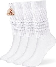 Women's Slouch Socks, Soft Extra Long Scrunch Knee High One Size White 2pairs