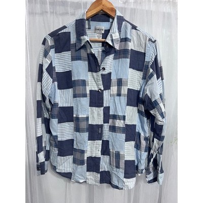 Chicos Womens Size 2 Blue White Patchwork Striped Cotton Button Down Shirt L/S