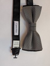 Calvin Klein Black  White Striped Satin Bow Tie Pre-Tied Adjustable Polyester