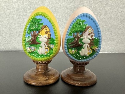 Vintage Hand-Painted Easter Egg Set 2 Bunny Cottage Scene Folk Art Ceramic
