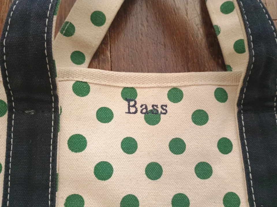 Bolsa tote vintage baixo resistente lona marfim com pontos verdes alças pretas parte inferior larga excelente estado usado - Imagem 4 de 4