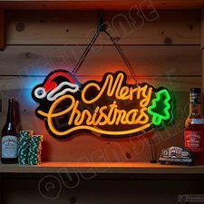 16"x8" Merry Christmas Tree Hat LED Neon Sign With Dimmer USB Powered Light Lamp