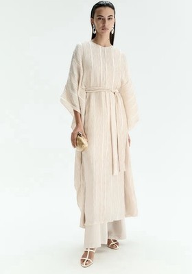 H&M Limited Edition Oversized Crinkle Tie-Belt Kaftan Dress M (light beige)