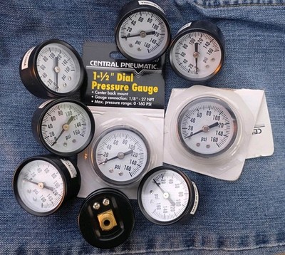 Lot of 9 Central Pneumatic 1-1/2'' Dial Pressure Gauge 0-160 PSI 1/8'' NPT Bk Mnt