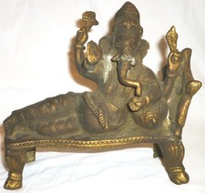 ANTIQUE HINDU GOD GANESH SOLID BRONZE RECLINING STATUE GANESHA
