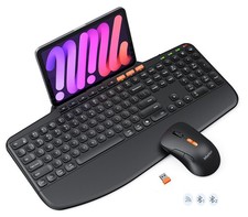 Wireless Keyboard and Mouse Combo, Ergonomic Design, Tablet Holder, Rechargeable