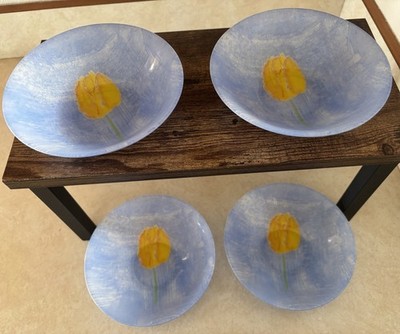Set Of 4 Luminarc Arcopal Blue Yellow Tulip Ciel Opal Glass Bowls