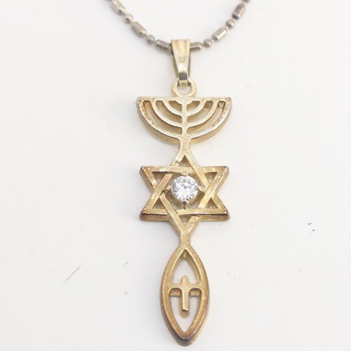 VGT Messianic Goldtone Menorah Star of David w/CZ Ichthys Cross Pendant Necklace - Picture 3 of 6