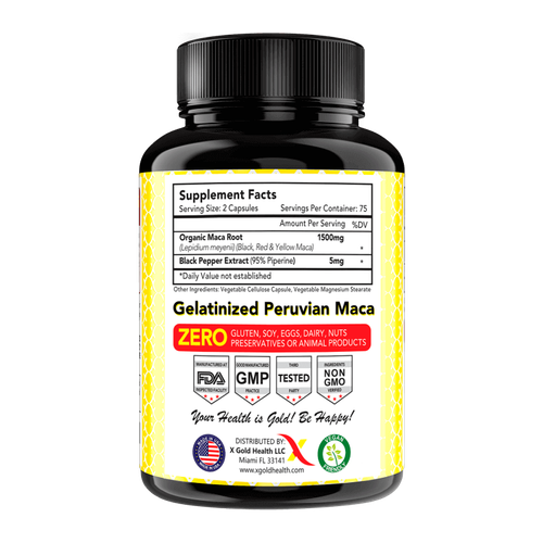 Organic Maca Root Capsules Black, Yellow, Red Strongest 1500 mg