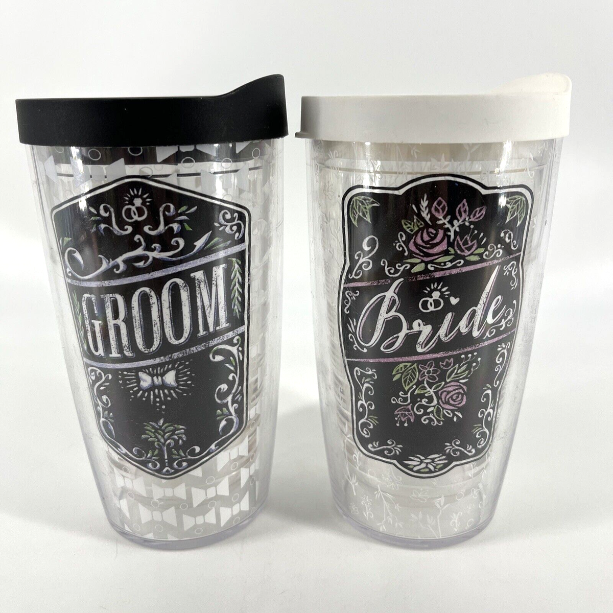Tervis Tumbler 16oz Matching Set Bride & Groom Wedding Clear Insulated Cups  Lids | eBay