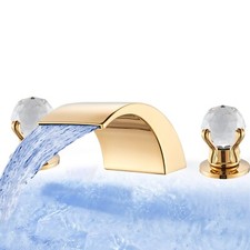 Gold Waterfall Bathroom Sink Faucet 3 Hole LED Widespread Basin Vanity Mixer Tap