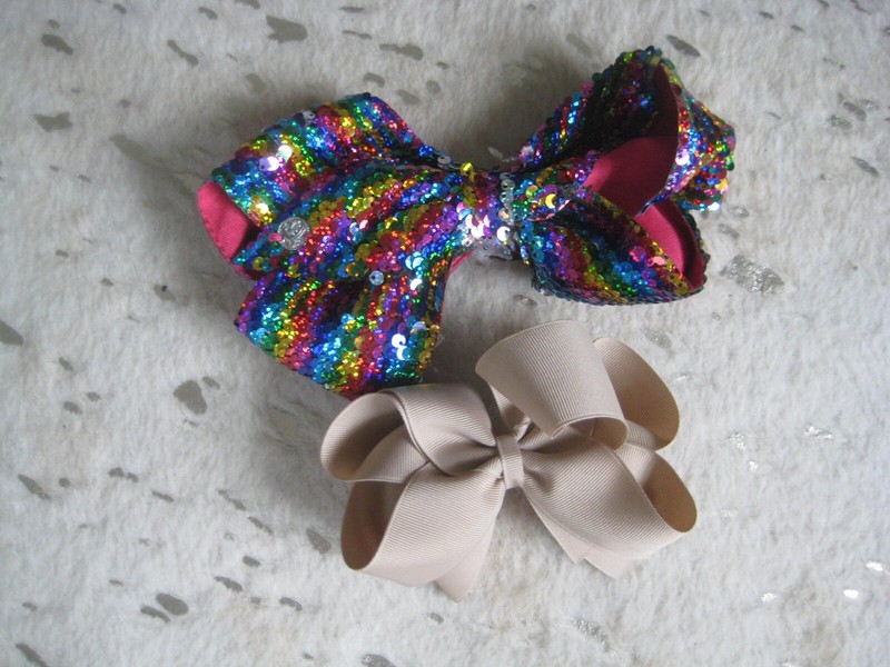 2 GIRLS JOJO SIWA MULTI-COLOR SEQUIN BOW BEIGE HAIR BOWS