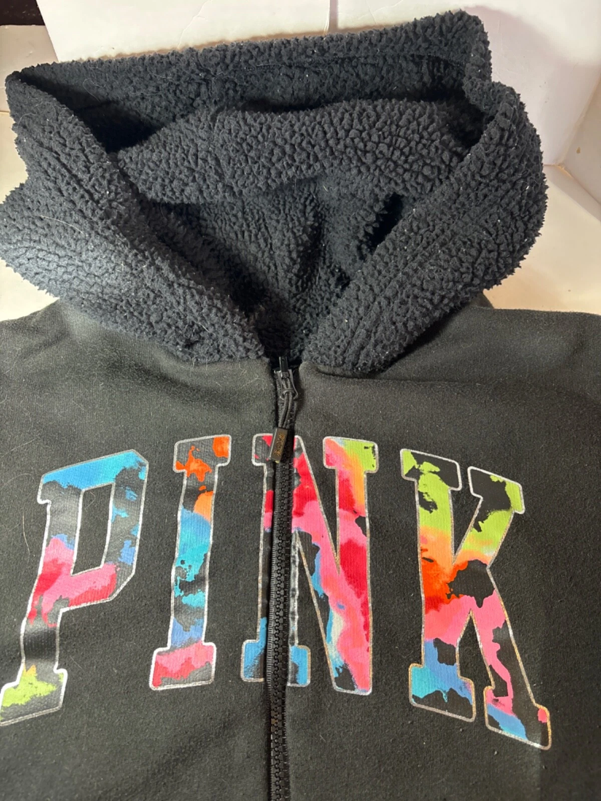 UNDERCOVER felpa con cappuccio zip nera foderata sherpa reversibile Victoria Secret vintage M