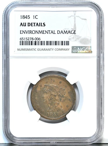 1845 1C Coronet Head Large Cent NGC Graded AU Details ENV Damage Coin 1862