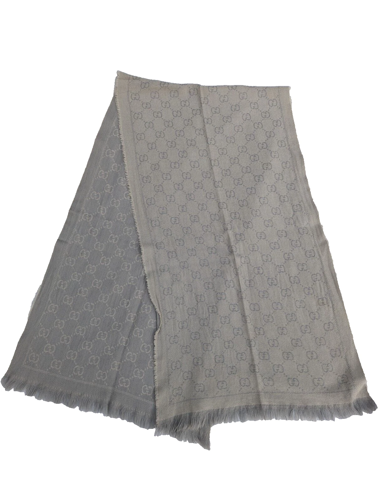 Foulard unisexe Gucci vintage motif GG gris 100% laine fabriqué en Italie.