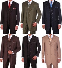 Men's 3 Piece Gangster Pin-Striped Three Button Suit w/ Vest 5903