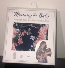 Mommy  Baby Soft Maternity Robe, Baby Swaddle  Headband Set S/M Navy Floral