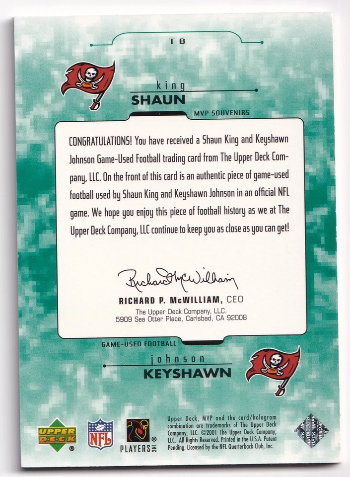 2001 Upper Deck MVP - MVP Souvenirs #TB Shaun King Keyshawn Johnson - Image 2 of 4