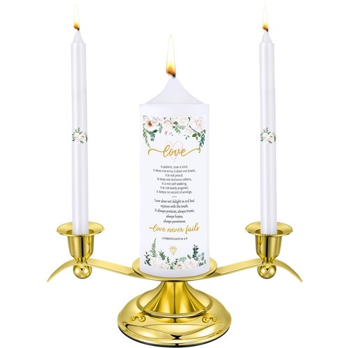 3 Unity Floral Candles for Wedding Ceremony Set with Golden Candle Holder Whi...