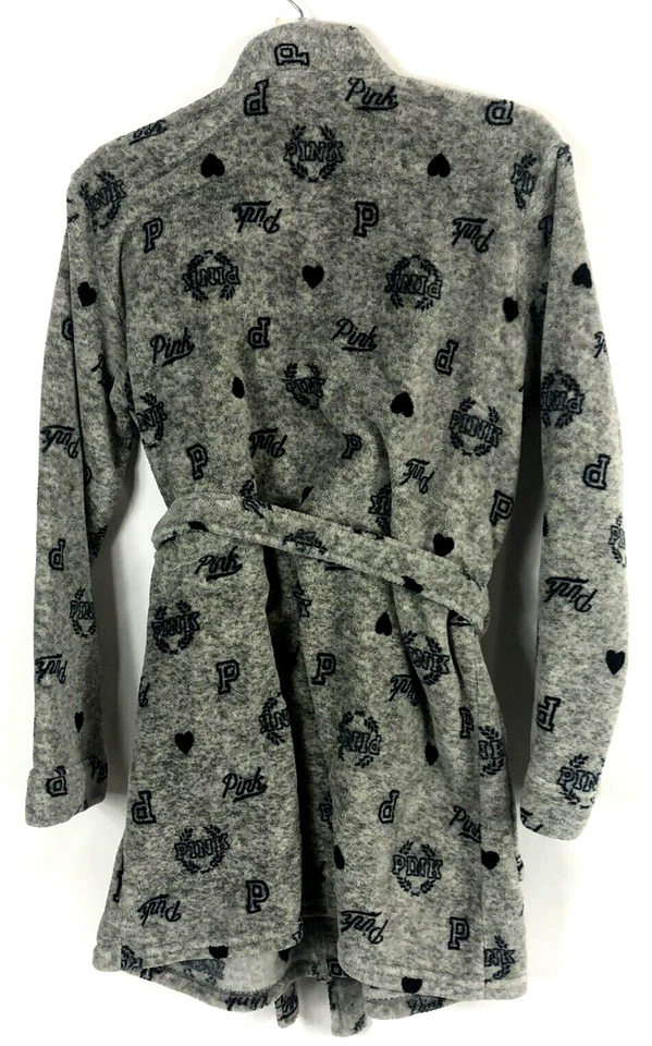 Women's PINK Gray Black Heart Design Long Sleeve Plush Robe Juniors Size XS - Image 4 of 4