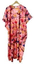 Indian Cotton Loose Short Sleeves Bird Print Peach Free Size Hippie Caftan Dress