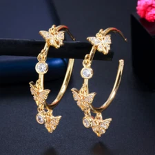 Round Charms Butterfly Hoop Earrings Yellow Gold Plated White CZ Women Luxury