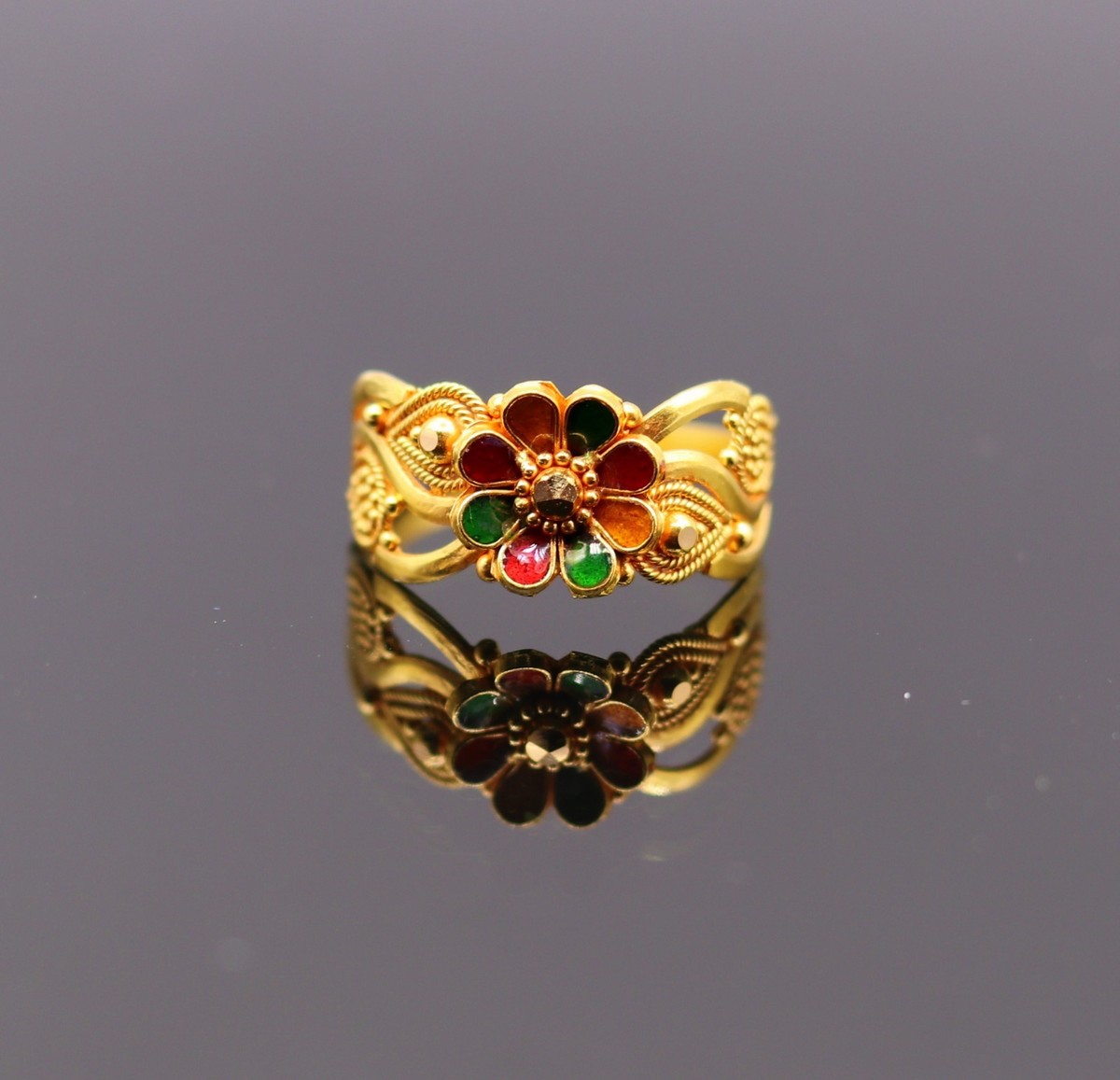 INDIAN JEWELRY IH(Indian Hand Made) リング INDIAN FILIGREE WORK 22K CT GOLD ENAMEL RING FLOWER DESIGN BAND