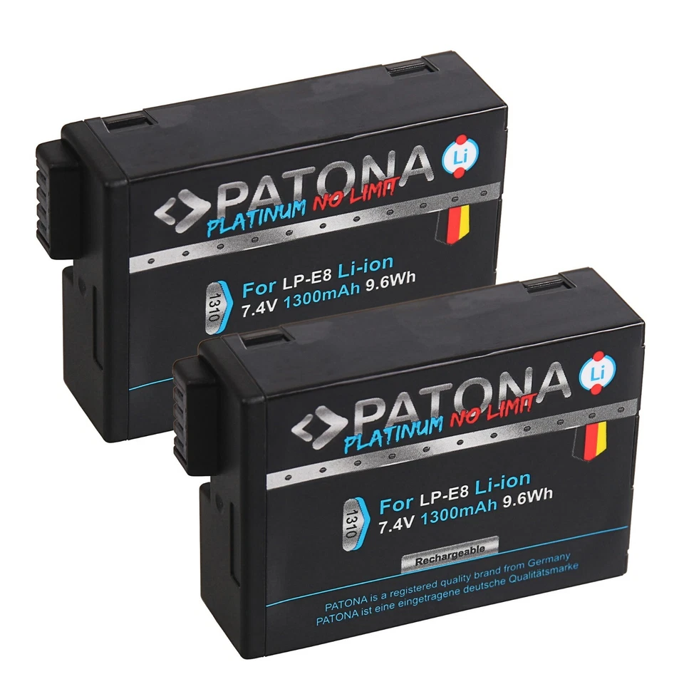 2 x Patona Platinum (1300mAh) Akku für Canon EOS 550D, 600D, 650D, 700D - LP-E8