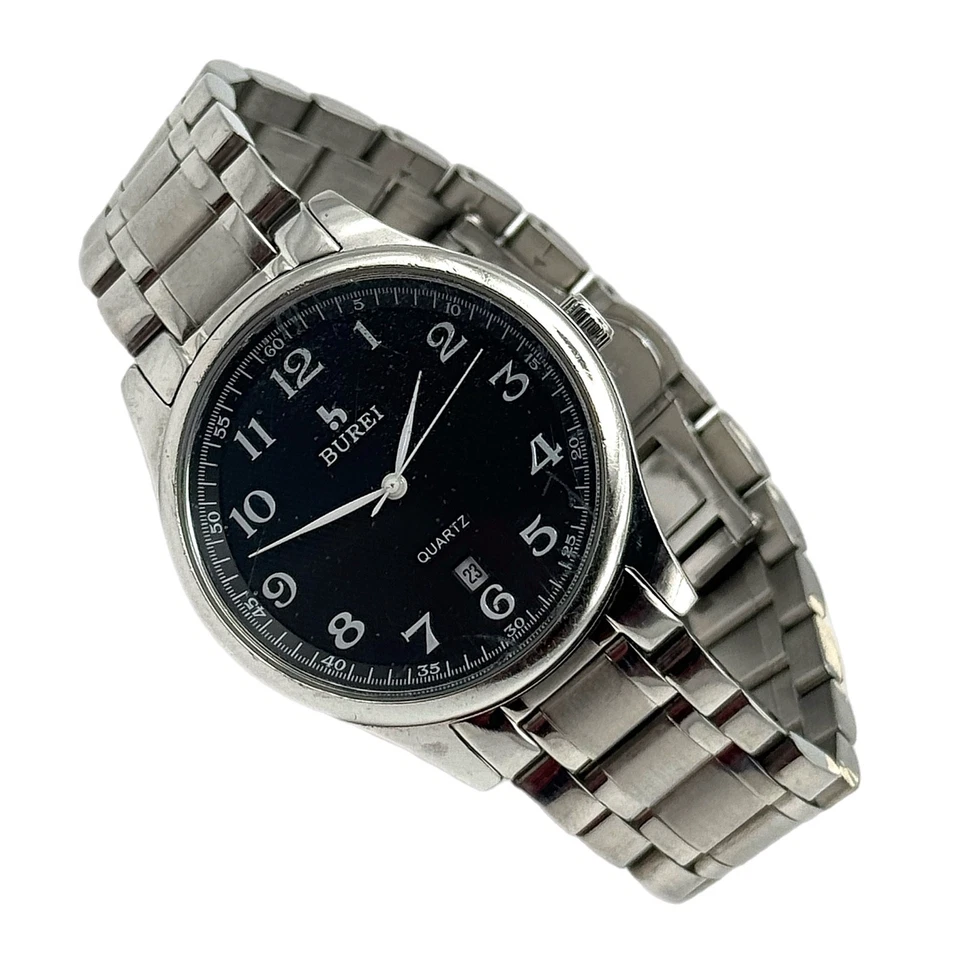 BUREI Reloj Hombre Cuarzo Esfera Negra Fecha 30 m Acero Inoxidable Pulsera Números Arábigos Foto 2 de 4