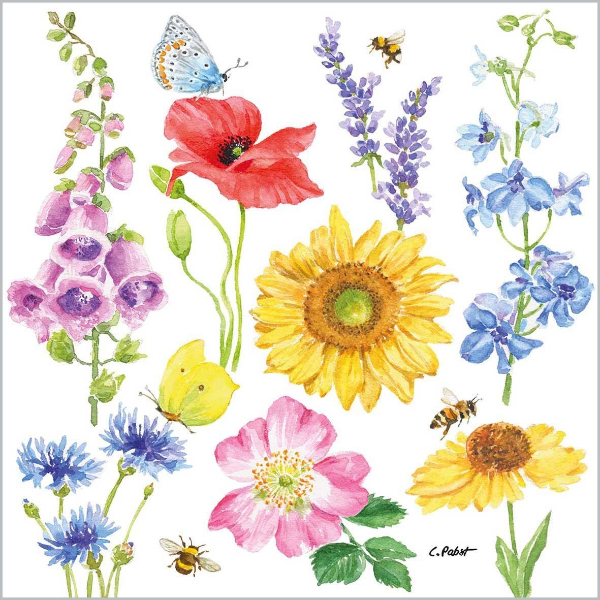 4 x Paper Napkins/3 Ply/33cm/Decoupage/Flower Heads/Poppy/Foxglove/Cornflowers