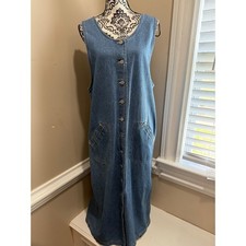 Vintage Denim Maxi Jumper Dress Blue Button Front Large 90s Modest Cottagecore