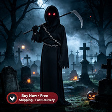 Child Black Red Eye Grim Reaper Costume &mdash; Horror Robe + Sickle Chain Gloves Prop