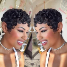 Black Curly Pixie Cut Wigs,Short Layered Pixie Human Hair for Black Women, Wi...