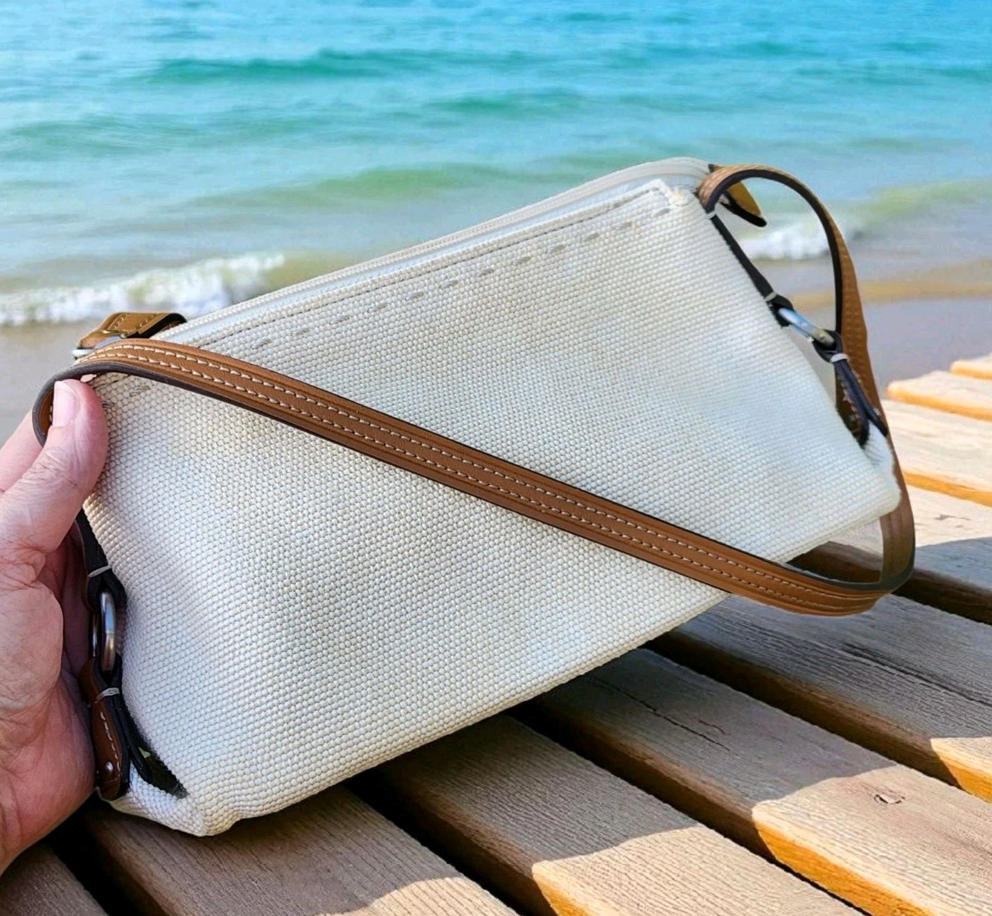 Fossil Mini Shoulder Tote Bag Boho Cream Canvas Brown Leather Minimalist Chic