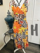 Multicolor Floral Wrap Midi Dress Sleeveless V-Neck Ruched Jersey Stretch M